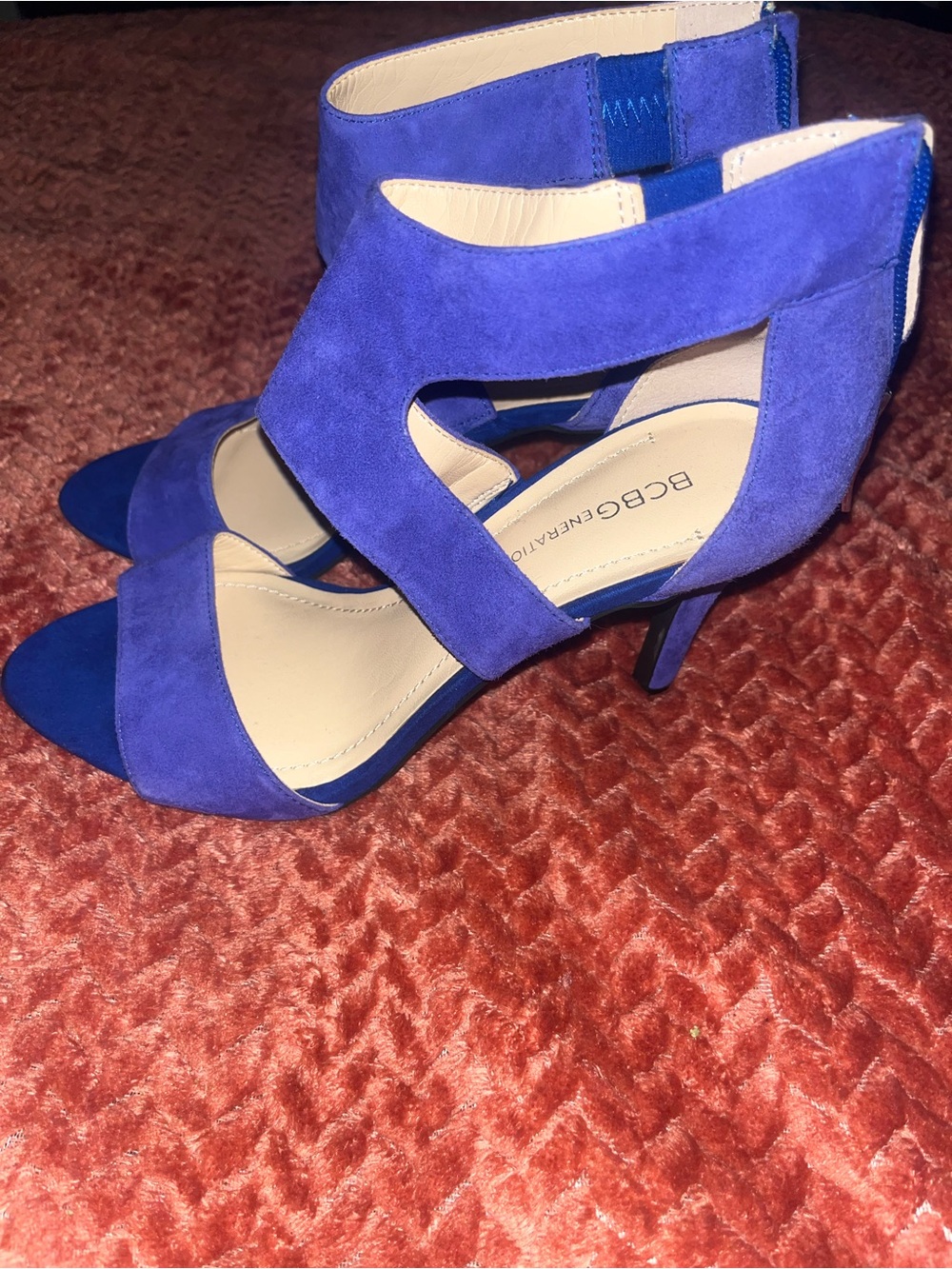BCBG Royal Blue Suede Cutout Strap Heels. Size 7